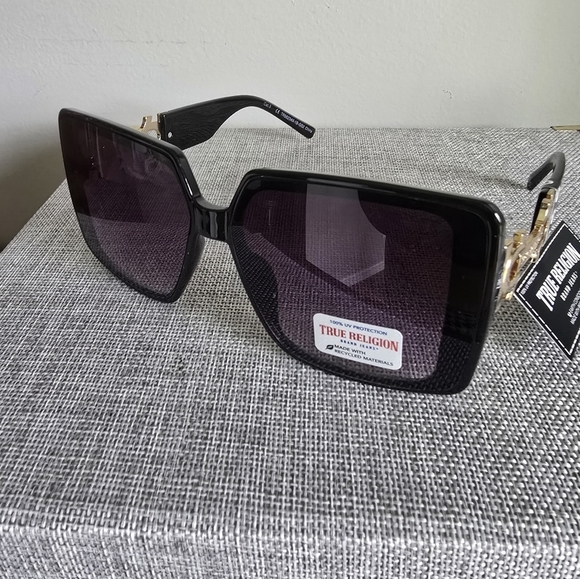 True Religion Oversized Black Gold Square Sunglasses Brand Jeans - Picture 2 of 4